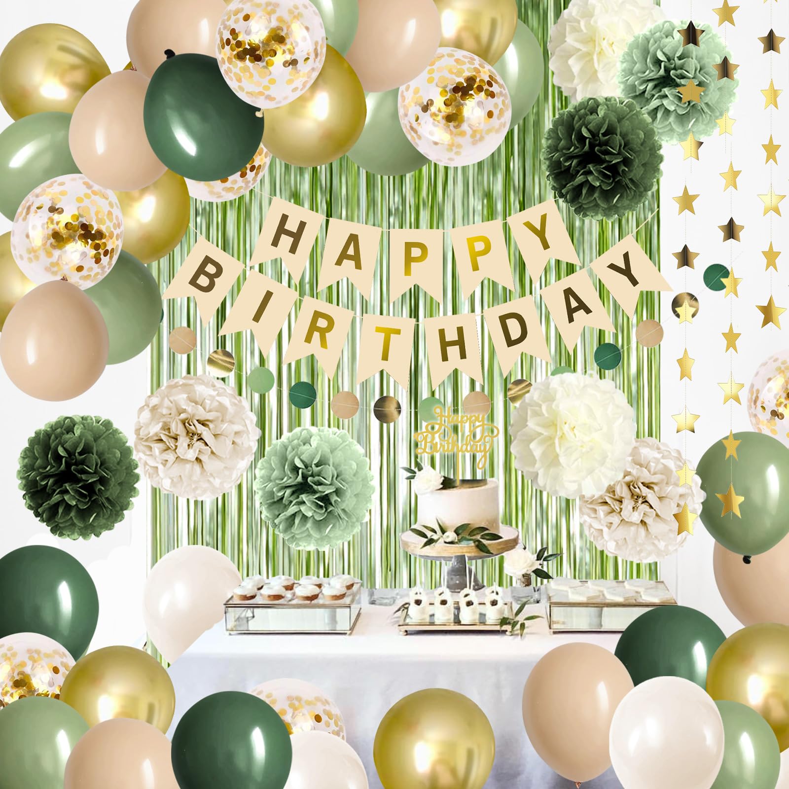 Sage Green Birthday Decorations Olive Green Happy Birthday Party Decorations Nude Retro Green Gold Balloon Banner Paper Pom Poms Greenery Neutral Rustic Décor Supplies Baby Girls Women