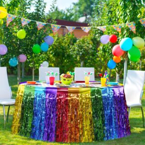 6 Pack Rainbow Wavy Table Skirt Party Decorations 30x108 Inch, Rainbow Party Table Decorations, Rainbow Metallic Foil Tinsel Table Skirts for Birthday Wedding Engagement Bridal Shower Party Supplies