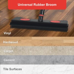 Tiumso Rubber Broom for Carpet, Pet Hair Removal Broom with Squeegee for Floor, Carpet Broom Includes Rubber Brush and Microfiber Cloth for Dog and Cat Hair - Black and Red