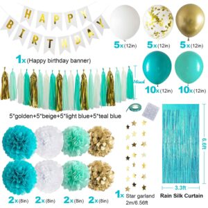 Teal Blue and Gold Birthday Party Decorations with Happy Birthday Banner,Foil Fringe Curtain,Tissue PomPoms,Star String Garland for Women Girls Party Decorations