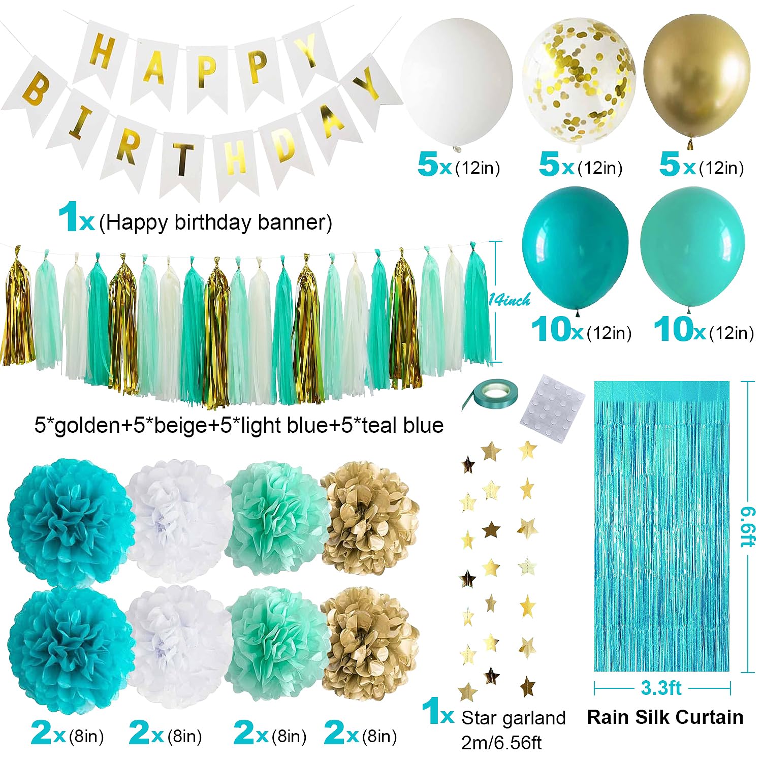 Teal Blue and Gold Birthday Party Decorations with Happy Birthday Banner,Foil Fringe Curtain,Tissue PomPoms,Star String Garland for Women Girls Party Decorations