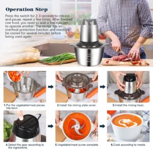 Meat Food Processors Electric, Meat Grinder 2L Stainless Steel Meat Blender Food Chopper for Meat, Onion, Vegetables with Bi-Level Blades, 2 Speed, 500W, 2 Bowls (8 Cup+8 Cup)