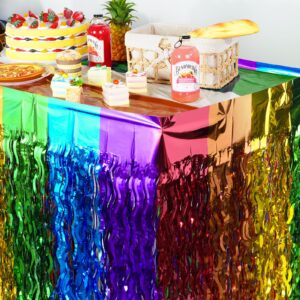 6 Pack Rainbow Wavy Table Skirt Party Decorations 30x108 Inch, Rainbow Party Table Decorations, Rainbow Metallic Foil Tinsel Table Skirts for Birthday Wedding Engagement Bridal Shower Party Supplies