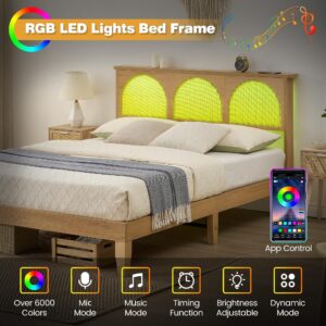 GAOMON Queen Bed Frame with Natural Rattan Headboard, Queen Size Platform Bed Frame with LED Lights and Rattan Headboard, Wooden Support Legs, No Box Spring Needed, Easy Assembly