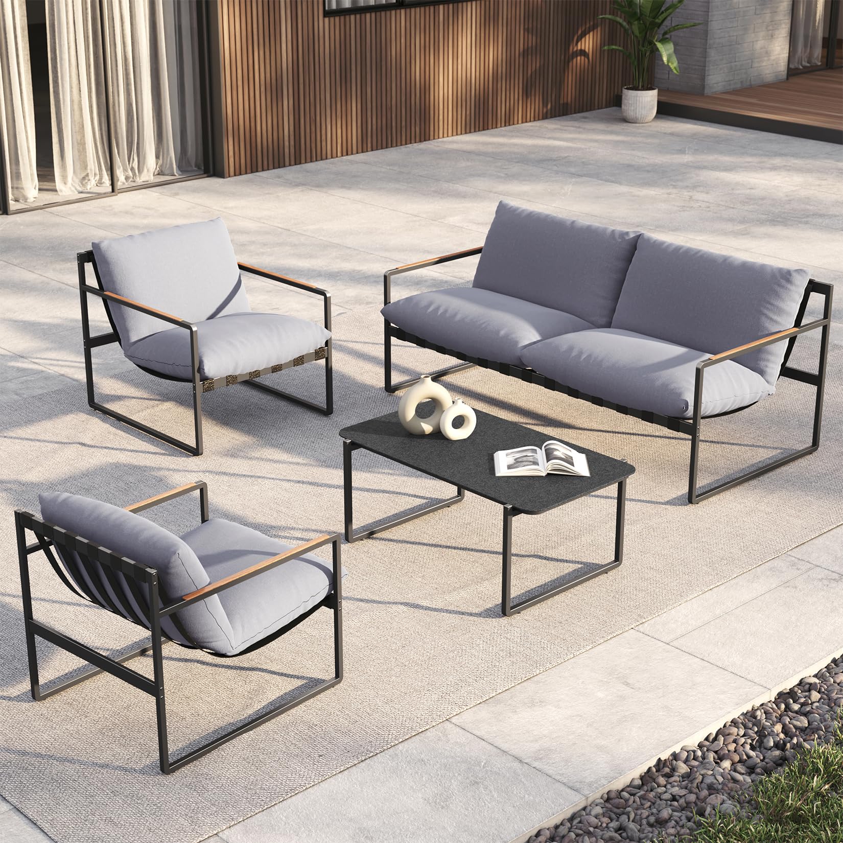 Grand patio 4-Piece Patio Furniture Set, Outdoor Patio Conversation Sofa Set with Cushion, Modern Metal Couch Loveseat Chairs and Coffee Table for Porch Deck Garden Balcony Backyard Living Room