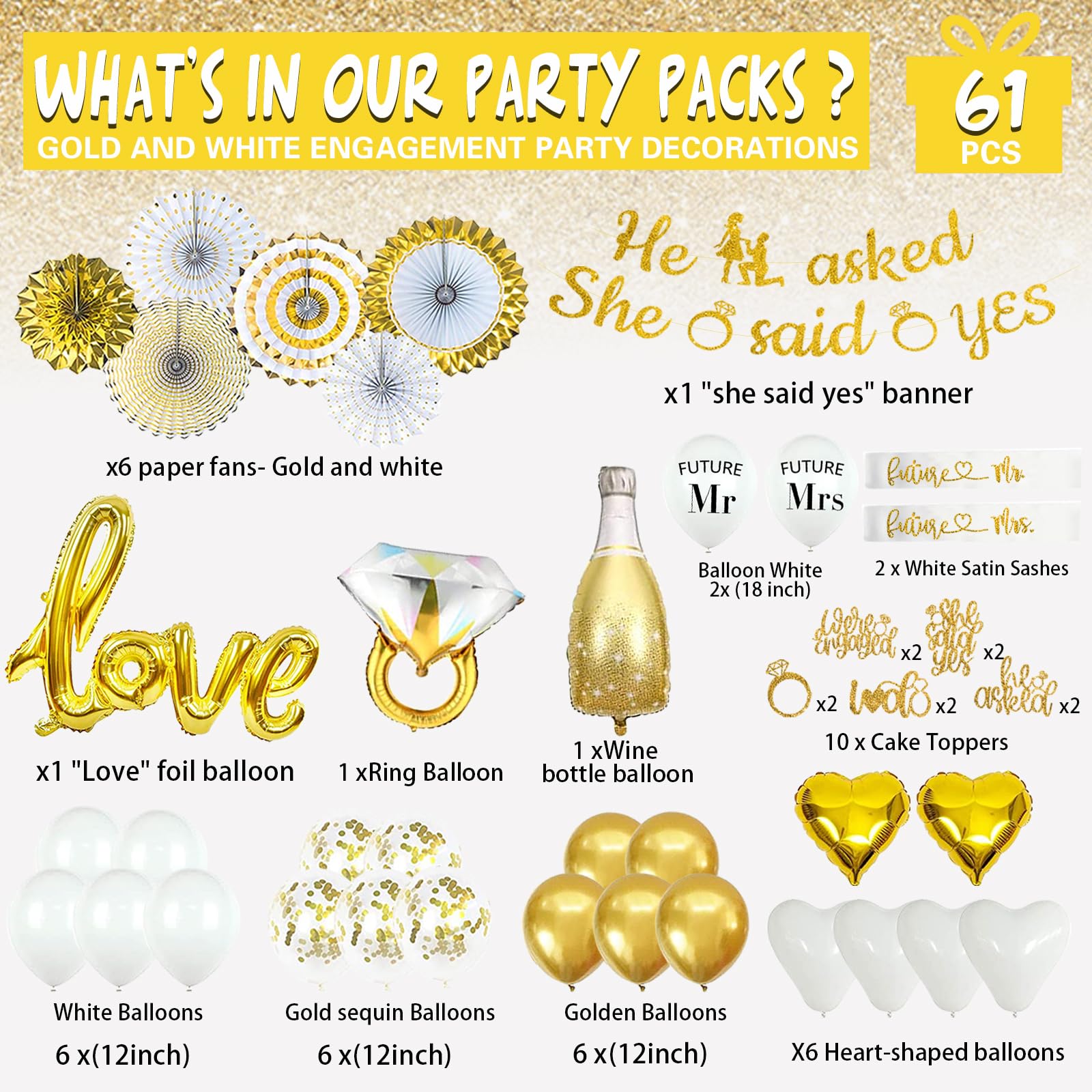 Engagement Party Decorations Gold He Asked She Said Yes Banner Bridal Shower Wedding Decorations Cake Toppers and Mr. & Mrs. Balloons Sash