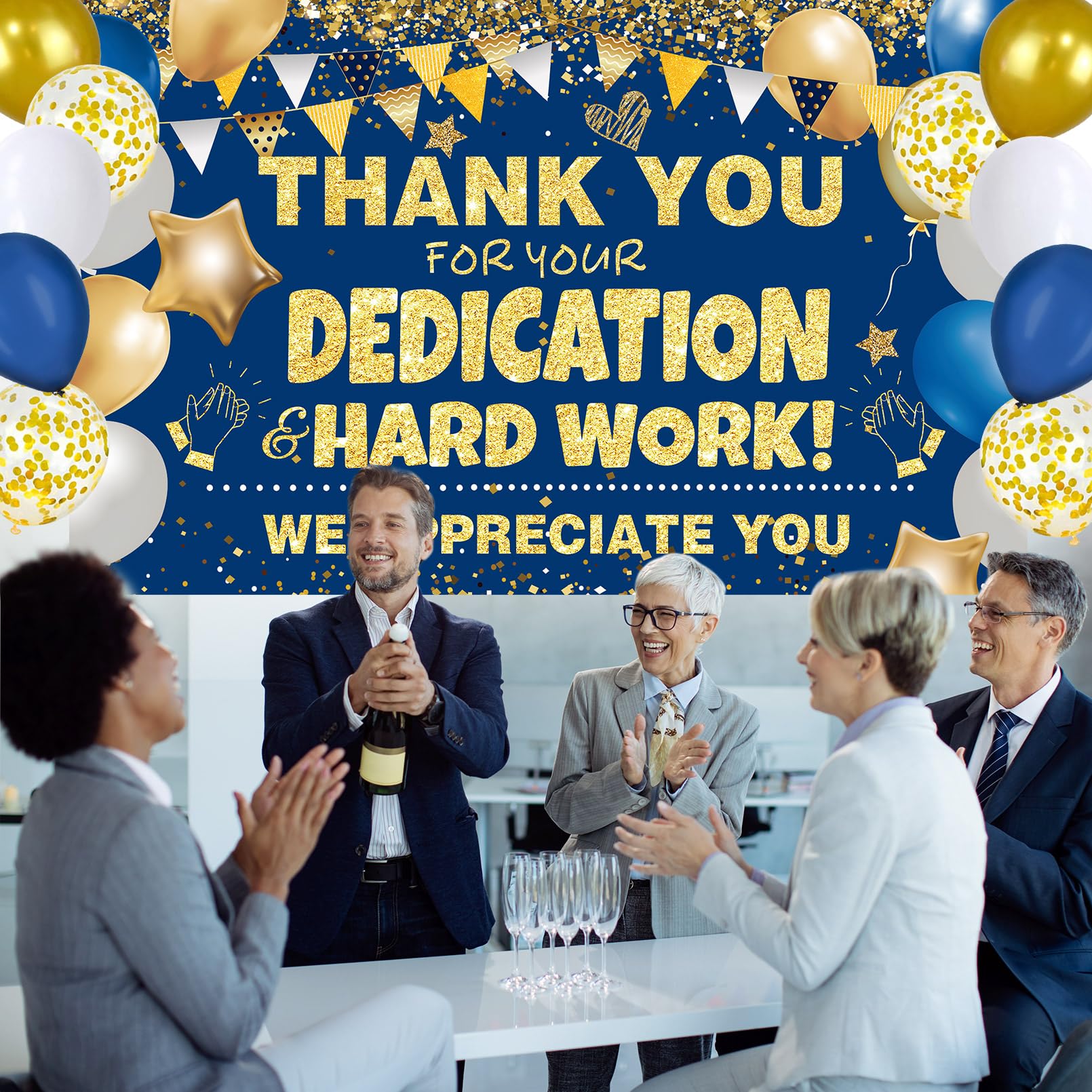 We Appreciate You Decorations Blue Gold We Appreciate You Banner with Balloons Arch Kit Thank You Backdrop for Teacher Employee Staff Doctors Nurse Poaster Volunteer Appreciation Week Party Decor