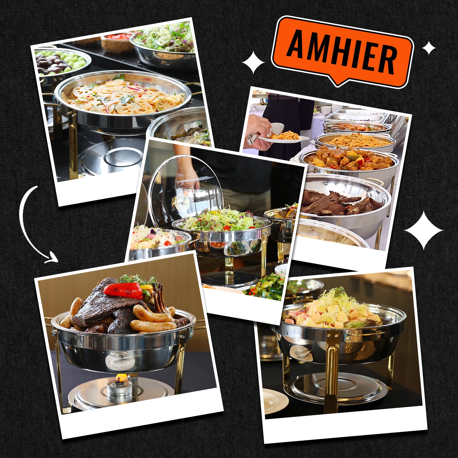 Amhier 3 Qt 5 Qt Chafing Dish Buffet Set with Visible Glass Lid and Holder, Stainless Steel Round Chafing Dishes for Buffet with Food and Water Pans for Catering, Parties and Weddings, Gold, 4 Pack