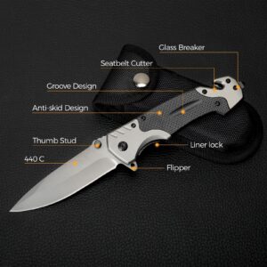 NRONON Pocket Knife for Men with Glass Breaker, Seatbelt Cutter, 3-in-1 Multitool Folding/Survival Knife for Emergency Rescue Situations,Camping Survival