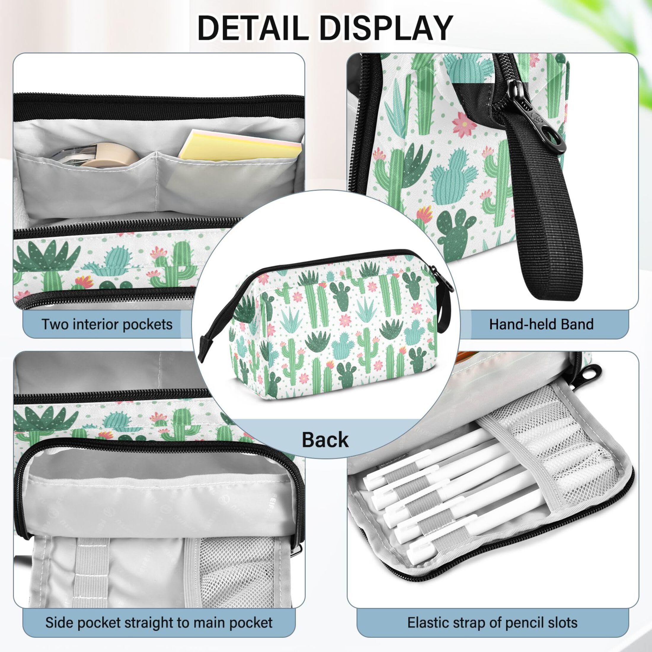 Vozoza Cactus Succulent Floral Pen Bag Big Capacity Pencil Case with Zipper Pencil Pouch Pen Cases Organizer for Adults