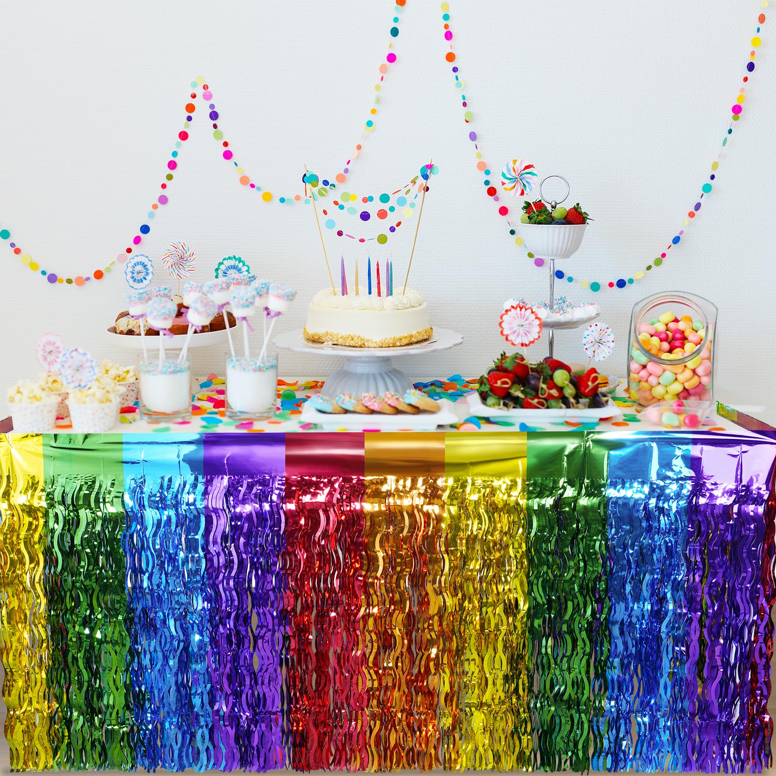 6 Pack Rainbow Wavy Table Skirt Party Decorations 30x108 Inch, Rainbow Party Table Decorations, Rainbow Metallic Foil Tinsel Table Skirts for Birthday Wedding Engagement Bridal Shower Party Supplies