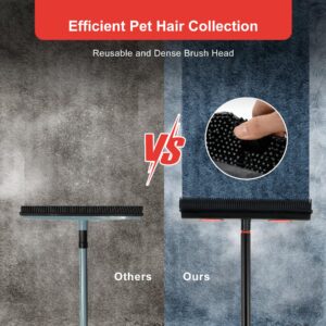 Tiumso Rubber Broom for Carpet, Pet Hair Removal Broom with Squeegee for Floor, Carpet Broom Includes Rubber Brush and Microfiber Cloth for Dog and Cat Hair - Black and Red