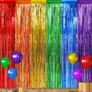 4pack 3.3x6.6ft rainbow foil fringe curtains backdrop decorations, rainbow metallic tinsel foil streamers curtain photo booth background for birthday wedding engagement bridal shower party decorations