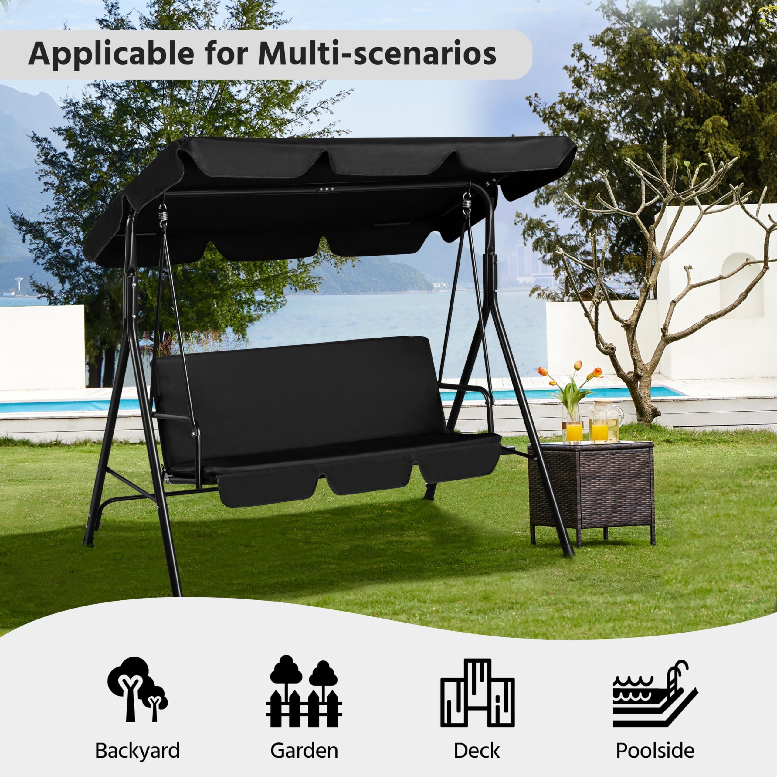 Yaheetech 3-Seat Patio Swing Chair, Outdoor Canopy Swing Porch Swing with Adjustable Canopy & Removable Cushion, Hanging Swing Glider Lounge Chair for Patio, Garden, Yard, Porch - Black