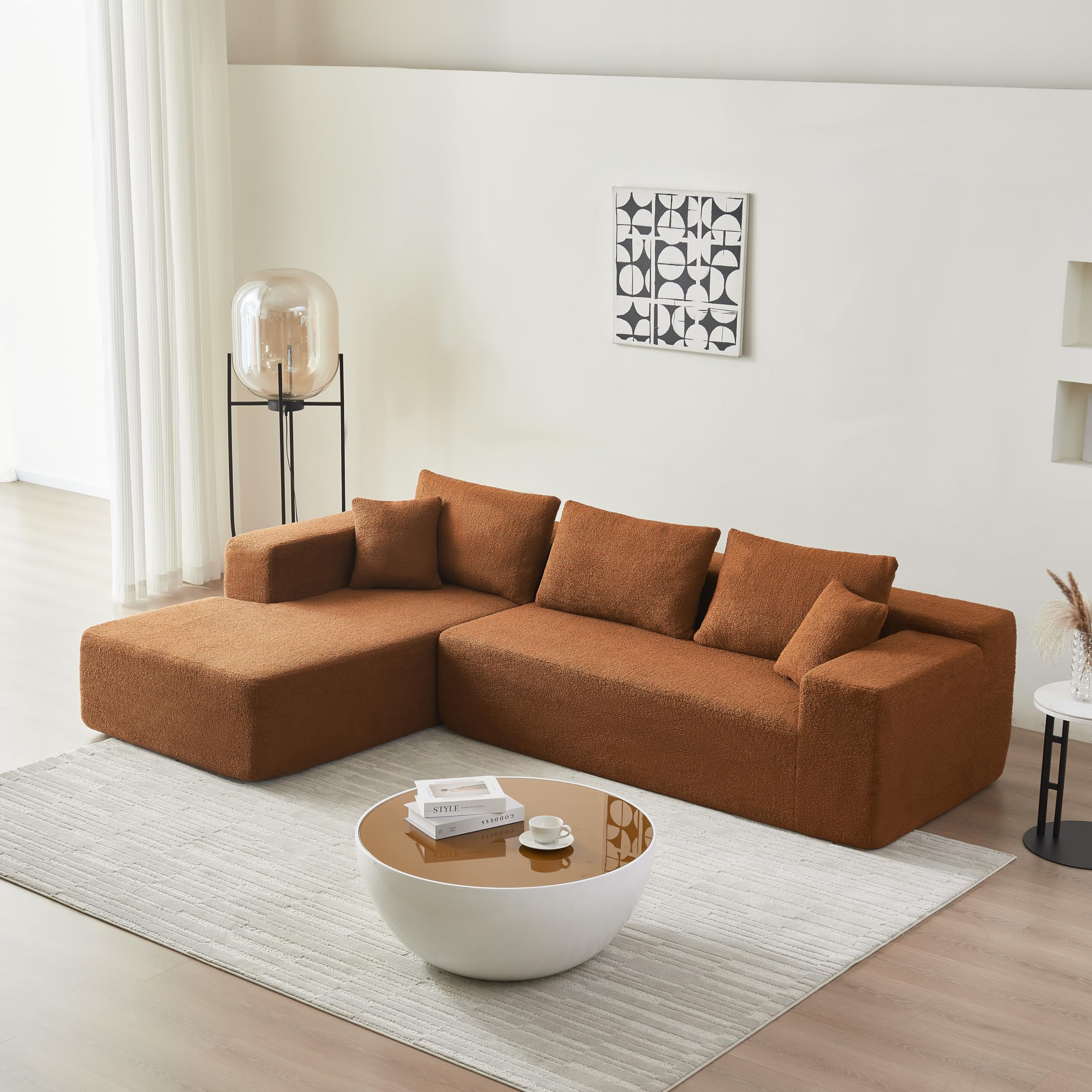 JURMALYN 104.33" Orange Sponge Sectional Sofa Cloud Couch for Living Room Fabric L-Shape Sofa Couch with Chaise, Comfy High Density Sponge Floor Sofa