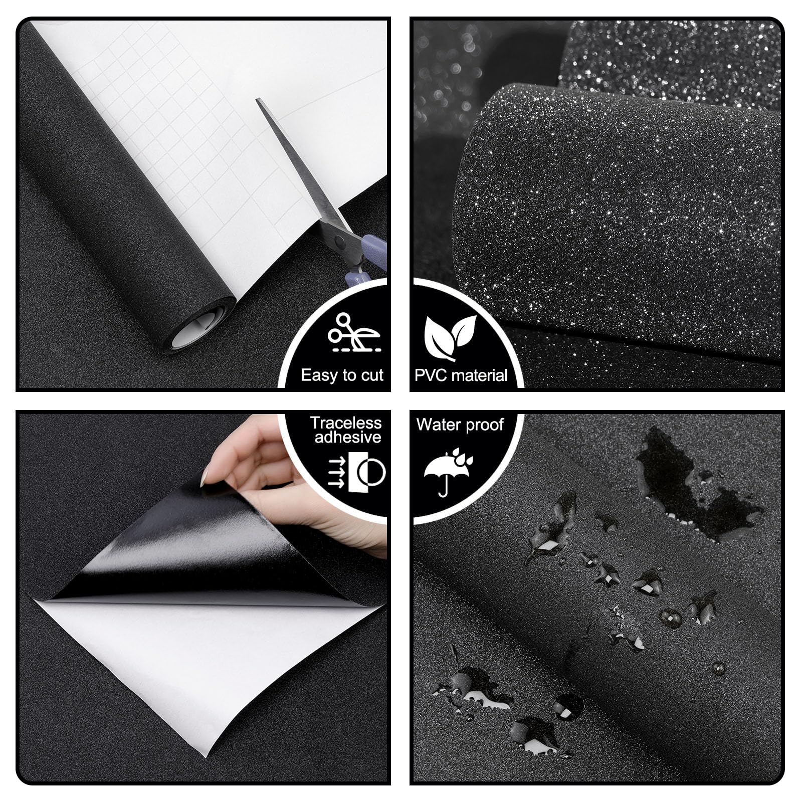 CAX Black Glitter Peel and Stick Wallpaper Sparkle Self-Adhesive Contact Paper for Cabinets Removable Glitter Black Wallpaper Stick and Peel for Bedroom Drawer Dresser 17.3''x120''