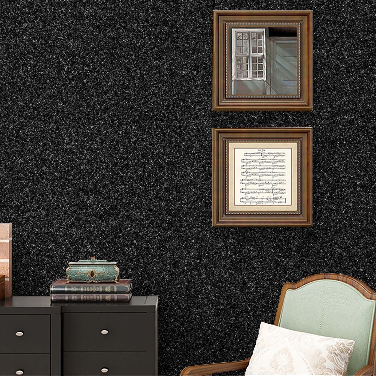 CAX Black Glitter Peel and Stick Wallpaper Sparkle Self-Adhesive Contact Paper for Cabinets Removable Glitter Black Wallpaper Stick and Peel for Bedroom Drawer Dresser 17.3''x120''