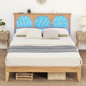 GAOMON Queen Bed Frame with Natural Rattan Headboard, Queen Size Platform Bed Frame with LED Lights and Rattan Headboard, Wooden Support Legs, No Box Spring Needed, Easy Assembly