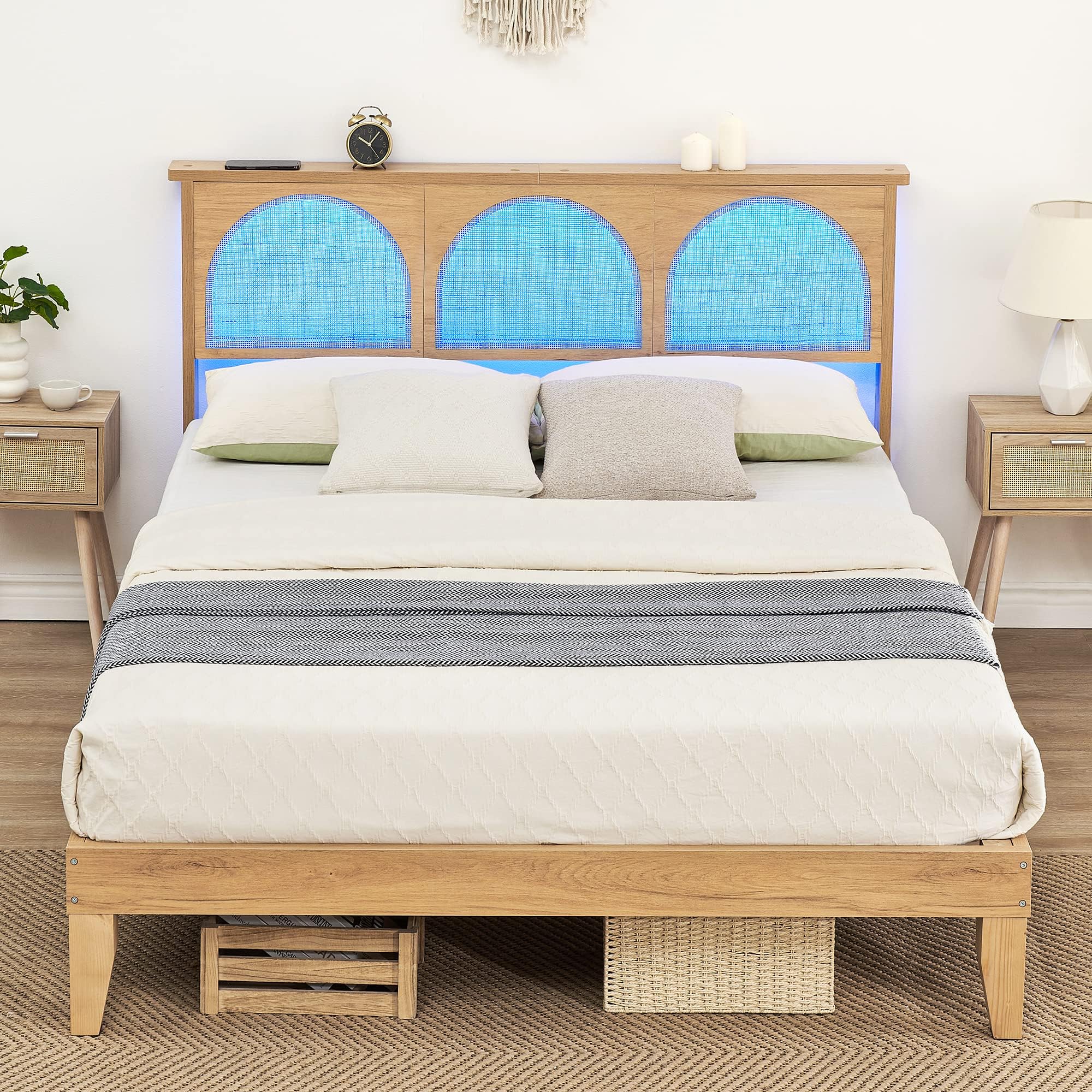 GAOMON Queen Bed Frame with Natural Rattan Headboard, Queen Size Platform Bed Frame with LED Lights and Rattan Headboard, Wooden Support Legs, No Box Spring Needed, Easy Assembly