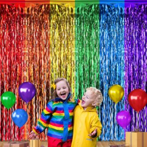 2 pack 3.3x6.6ft rainbow wavy foil fringe curtains backdrop decorations, rainbow metallic tinsel foil streamers photo booth background for birthday wedding engagement bridal shower party decorations