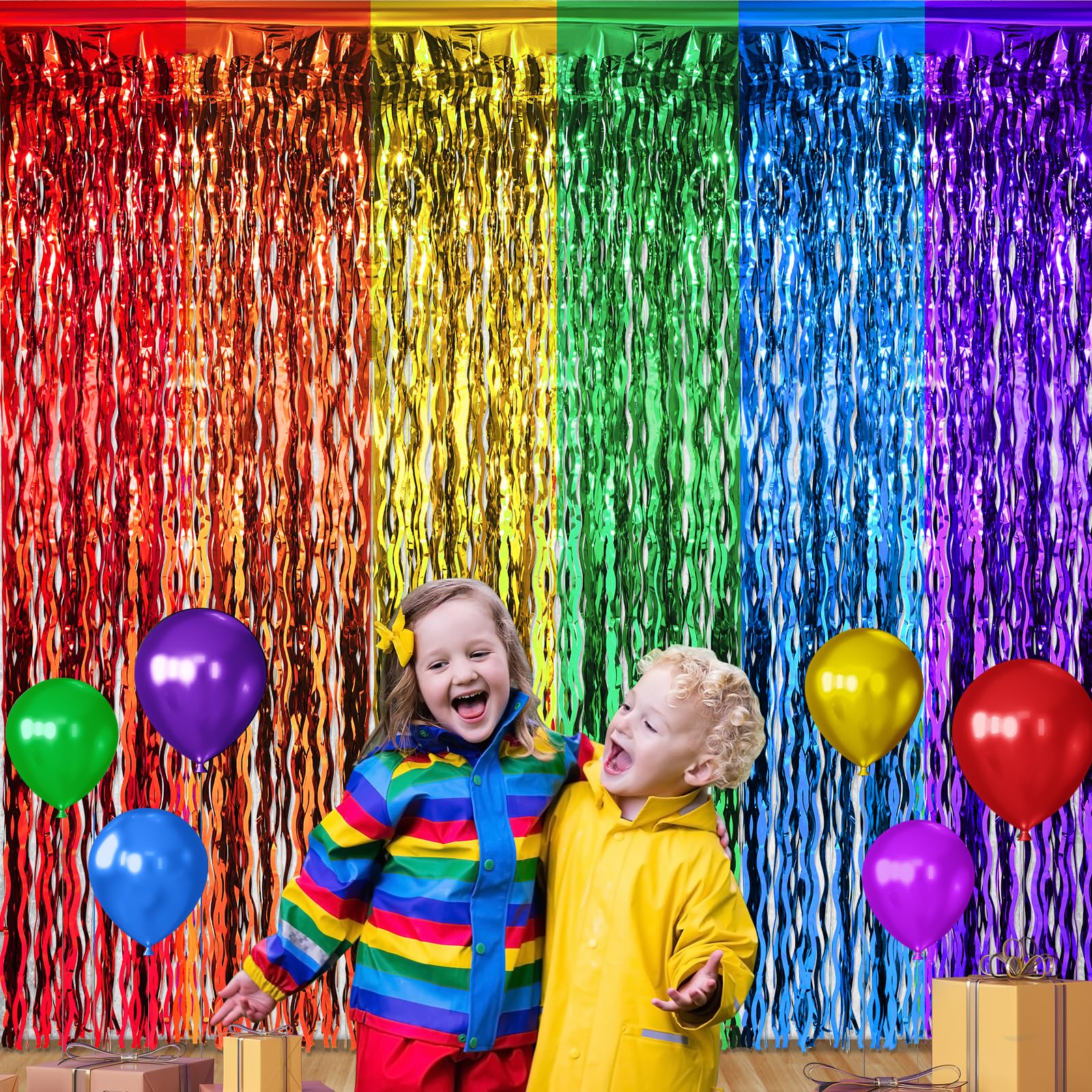 2 Pack 3.3X6.6Ft Rainbow Wavy Foil Fringe Curtains Backdrop Decorations, Rainbow Metallic Tinsel Foil Streamers Photo Booth Background for Birthday Wedding Engagement Bridal Shower Party Decorations