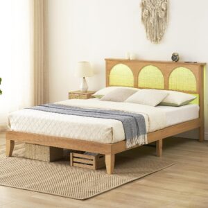 GAOMON Queen Bed Frame with Natural Rattan Headboard, Queen Size Platform Bed Frame with LED Lights and Rattan Headboard, Wooden Support Legs, No Box Spring Needed, Easy Assembly