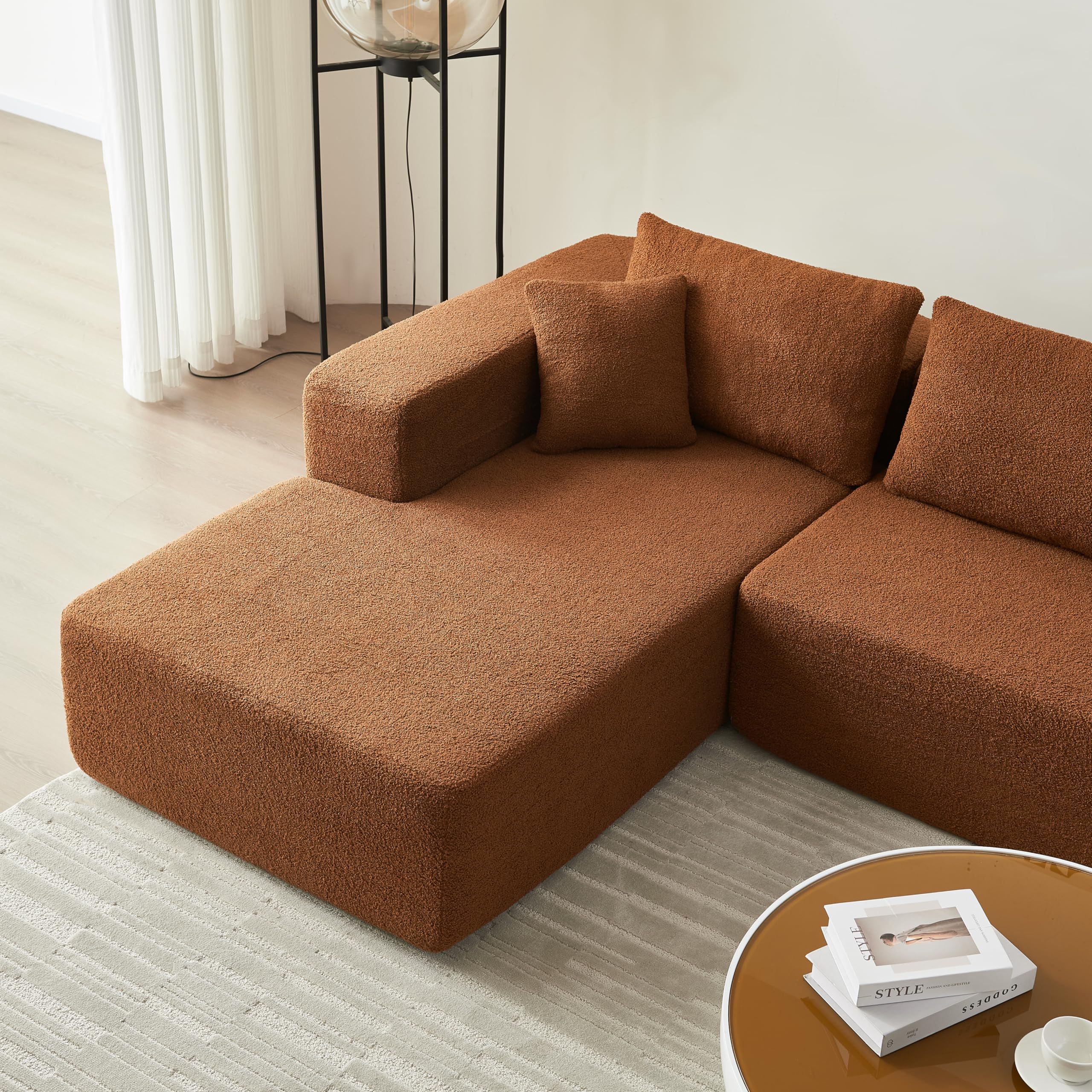 JURMALYN 104.33" Orange Sponge Sectional Sofa Cloud Couch for Living Room Fabric L-Shape Sofa Couch with Chaise, Comfy High Density Sponge Floor Sofa