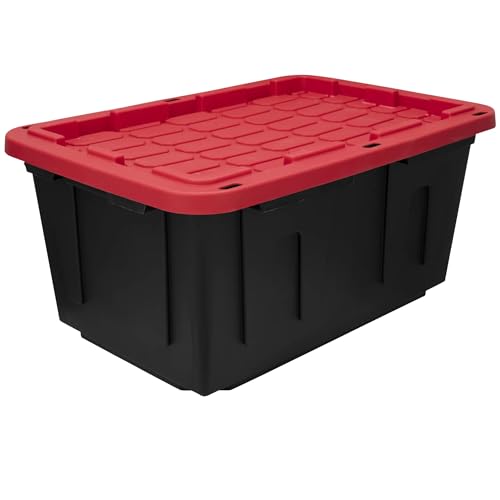 BMHSN 27 Gallon Plastic Storage Bin Tote Organizing Container With Durable Lid and Secure Latching Buckles, Stackable and Nestable Snap Lid Plastic Storage Bin, 1 Pack, Black Base/Red Lid