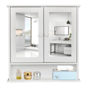 3 tier bathroom cabinet with mirror, wood medicine cabinet with adjustable shelf, wall mount cabinet storage, cupboard, white