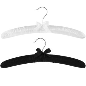 beeveer 2 pack 15 inch satin padded hangers bride groom hanger wedding hangers wedding dress suit hanger white and black no shoulder bump hangers wedding party suplies