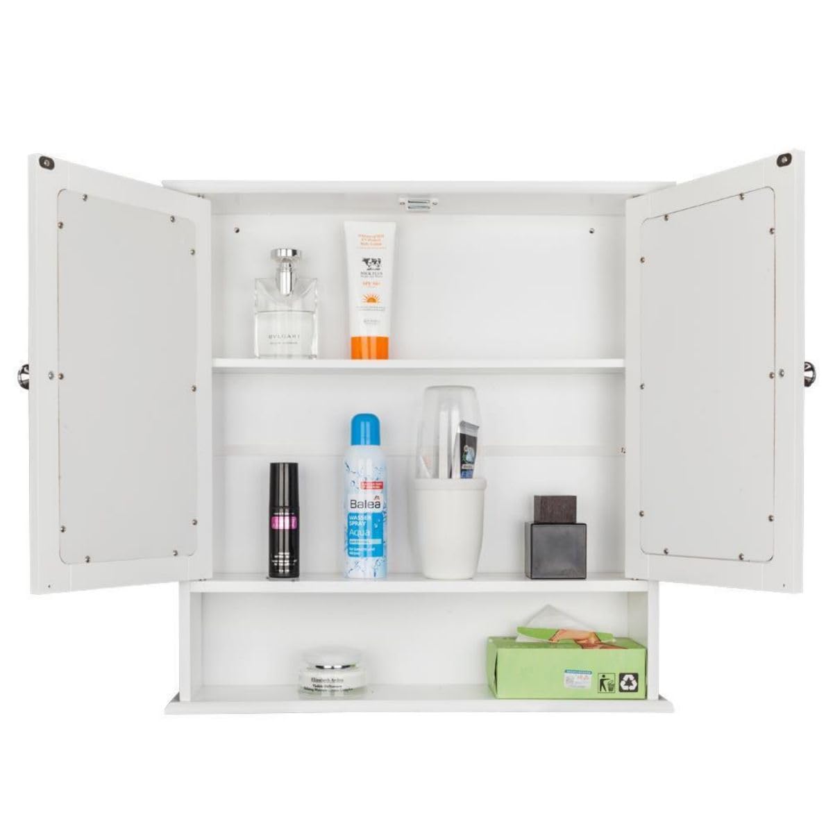 3 Tier Bathroom Cabinet with Mirror, Wood Medicine Cabinet with Adjustable Shelf, Wall Mount Cabinet Storage, Cupboard, White