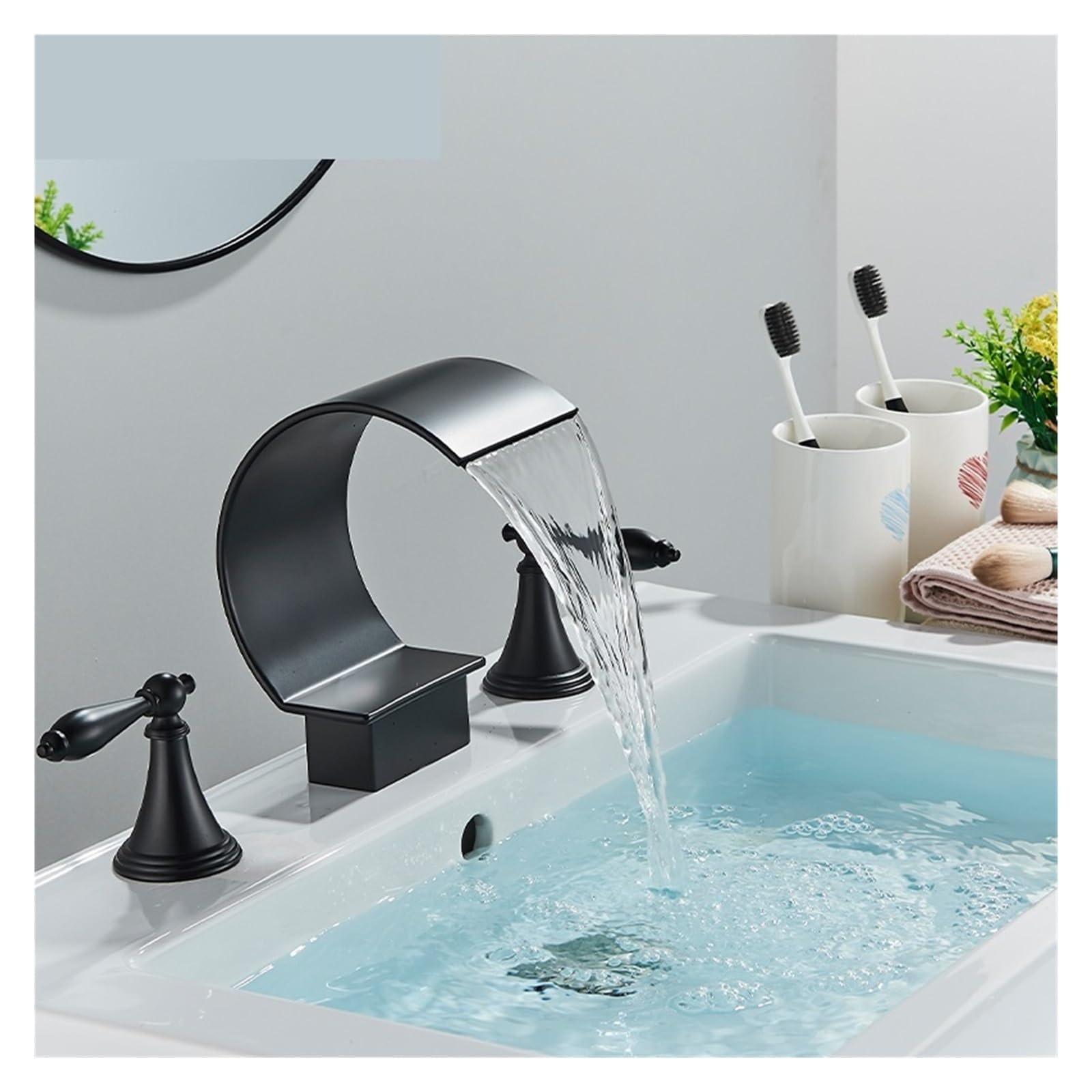 KXFXQTOT Bathroom 3 Hole Modern Set Bathroom Sink Hot and Cold Mixer Crane Bathtub Faucet Deck Mount (Color : Matte Black)