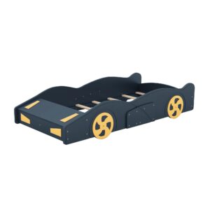 Brisca Twin Size Race Car-Shaped Platform Bed with Wheels,Solid Wood Bed Frame W/Storage,No Box Spring Required,for Bedroom,Apartment,Guest Room,Dark Blue+Yellow