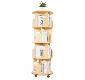 tonchean 4 tier rotating bookshelf tower,wood revolving bookcase with wheels vertical kids toddler bookshelf with storage,corner display bookshelf rack for library study office living room