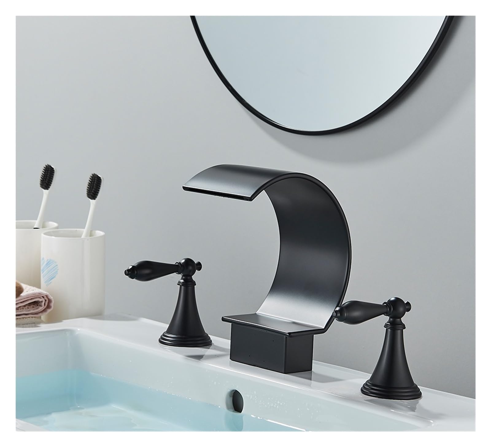 KXFXQTOT Bathroom 3 Hole Modern Set Bathroom Sink Hot and Cold Mixer Crane Bathtub Faucet Deck Mount (Color : Matte Black)