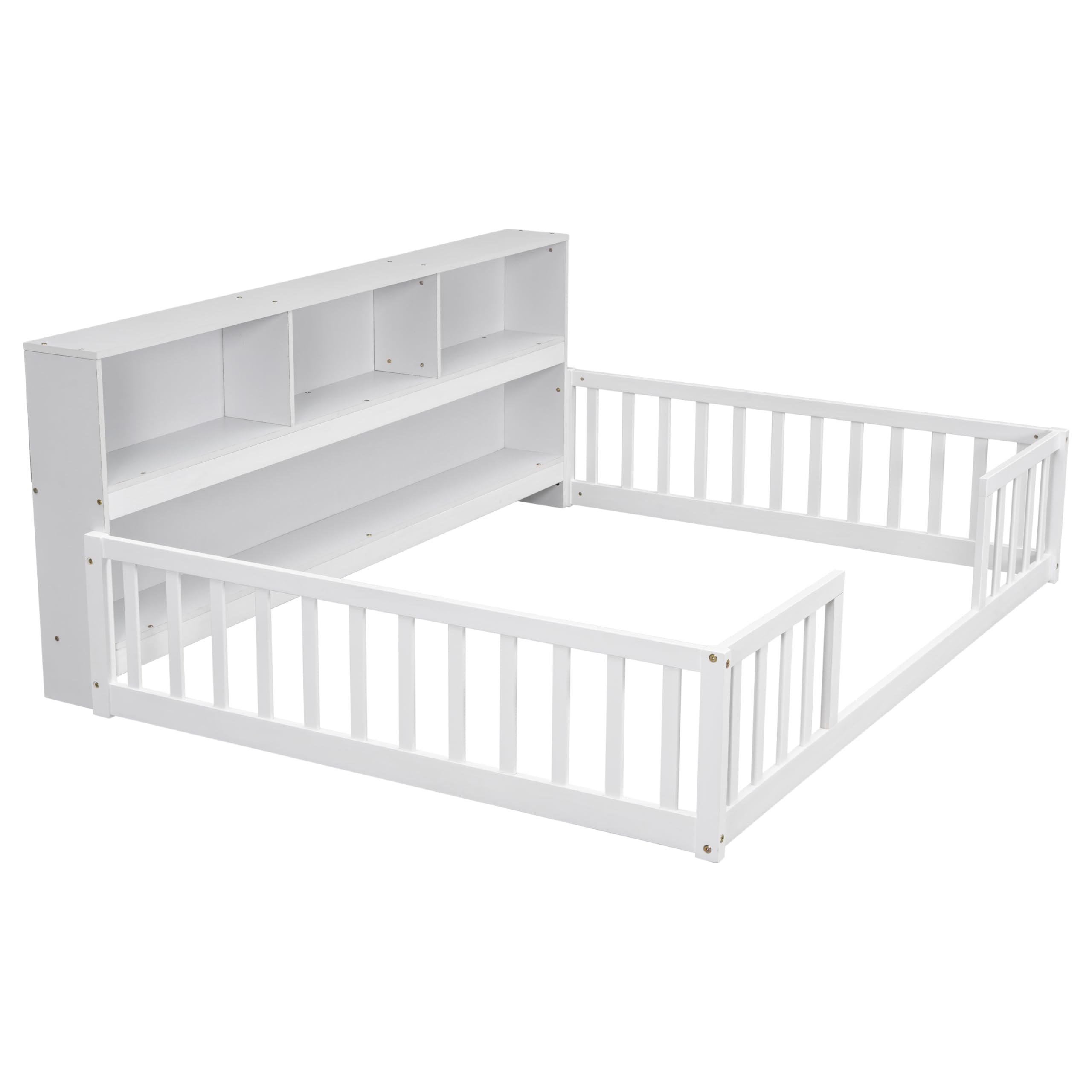 Floor Bed with Rails Full Size, Wood Montessori Floor Bed with Storage Bookcase, Kids Bed Frame with Fence and Shelves for Boys Girls, White