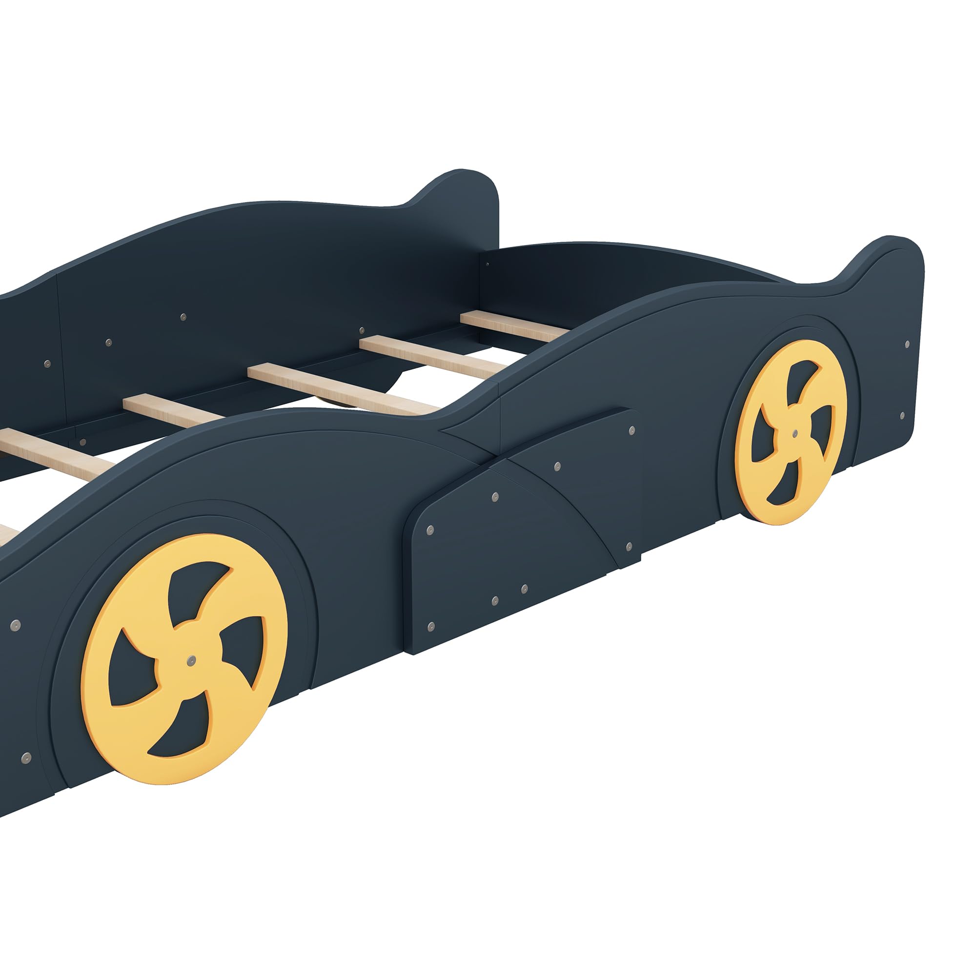 Brisca Twin Size Race Car-Shaped Platform Bed with Wheels,Solid Wood Bed Frame W/Storage,No Box Spring Required,for Bedroom,Apartment,Guest Room,Dark Blue+Yellow