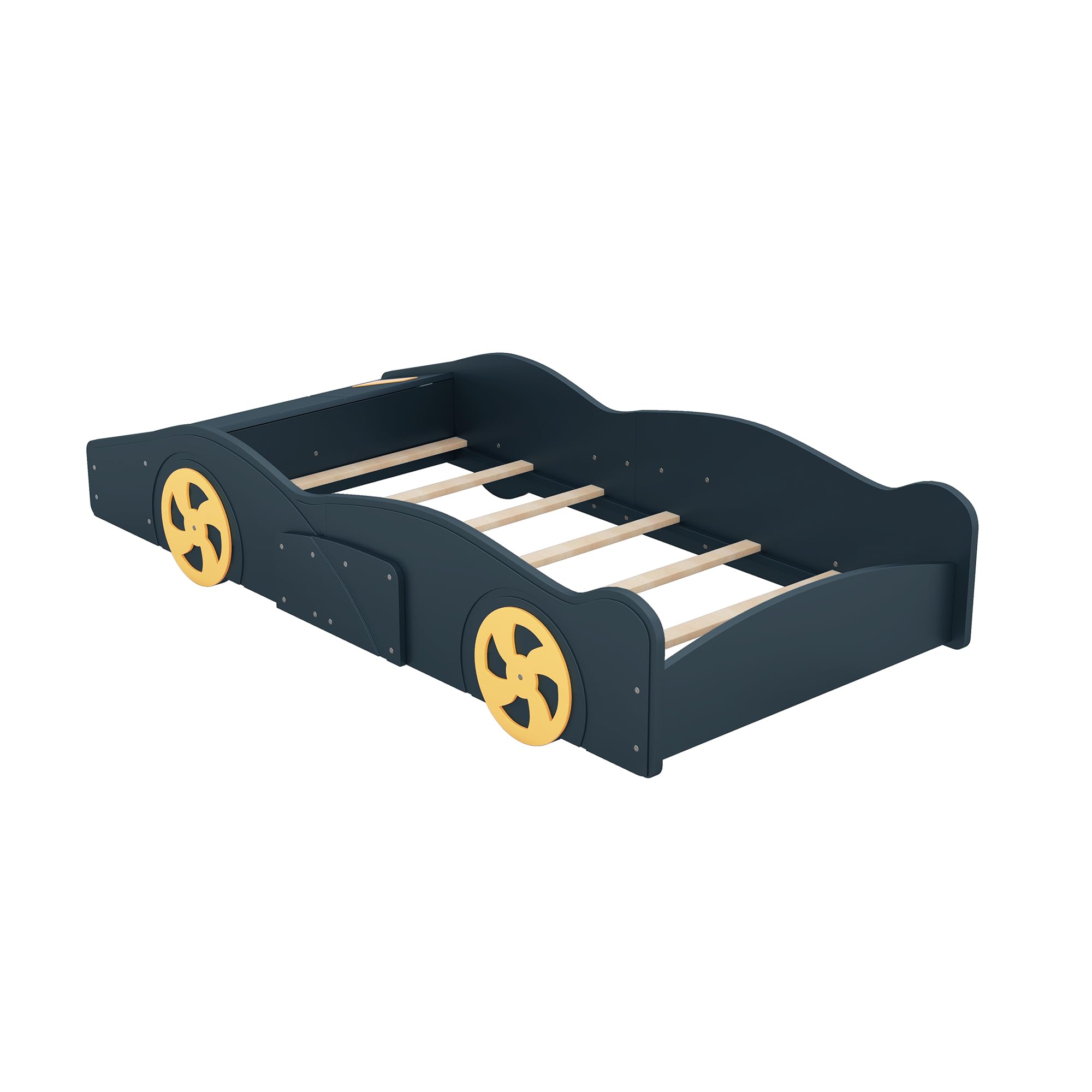 Brisca Twin Size Race Car-Shaped Platform Bed with Wheels,Solid Wood Bed Frame W/Storage,No Box Spring Required,for Bedroom,Apartment,Guest Room,Dark Blue+Yellow