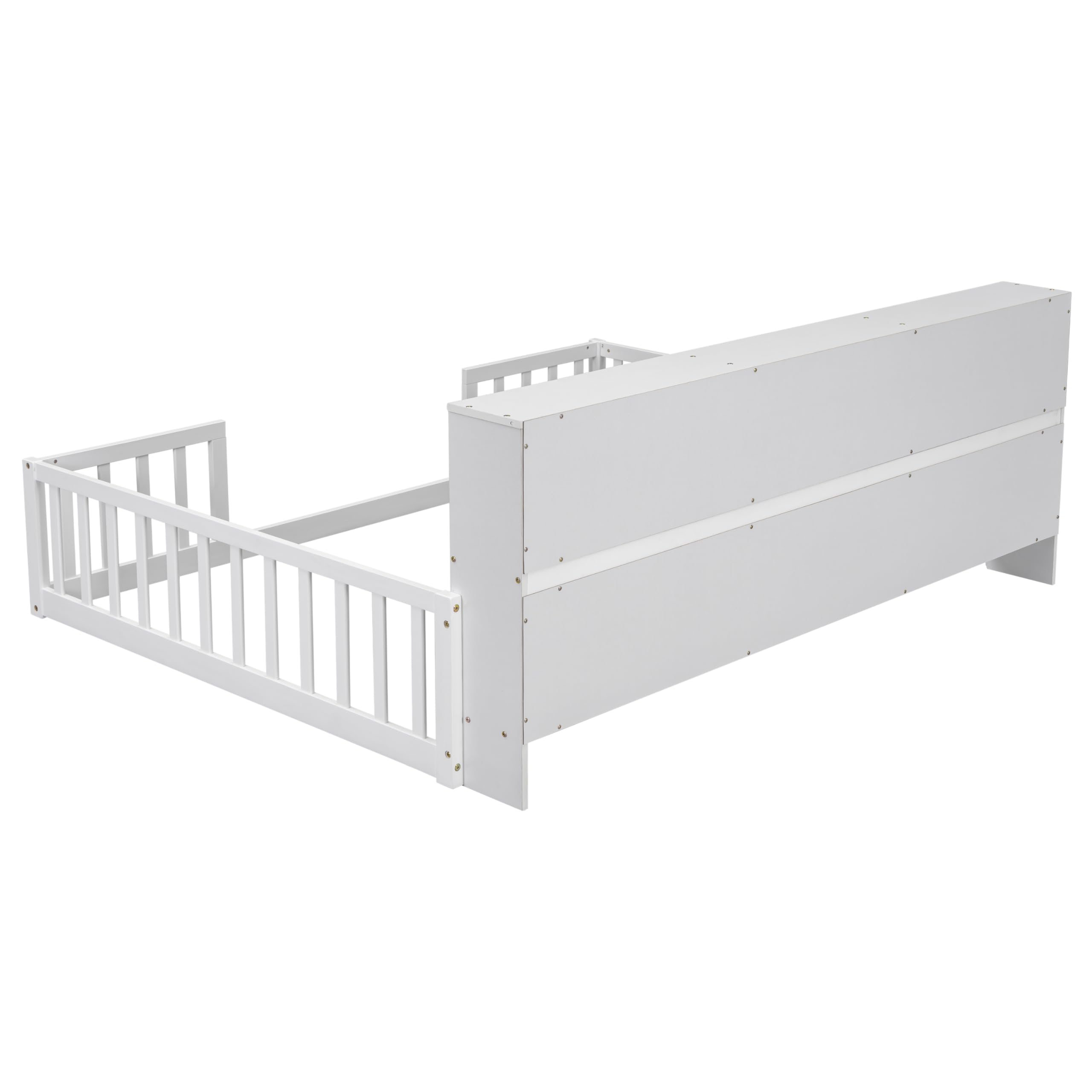 Floor Bed with Rails Full Size, Wood Montessori Floor Bed with Storage Bookcase, Kids Bed Frame with Fence and Shelves for Boys Girls, White