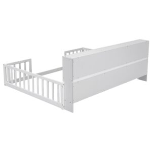 Harper & Bright Designs Full Size Floor Bed with Bedside Bookcase, Shelves, Guardrails, Wood Montessori Bed with Storage, White