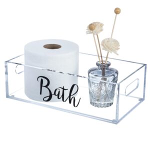 mygift hotel series premium clear acrylic bathroom storage container bin tray with cutout handles and cursive bath decoration for countertop or cabinet organization