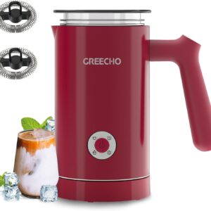 Milk Frother and Steamer, GREECHO 4 IN 1 Electric Milk Frother, 10.2oz/300ml Automatic Warm & Cold Milk Foamer for Coffee, Latte, Cappuccinos, Macchiato, Silent Operation & Automatic Shut-off (Red)