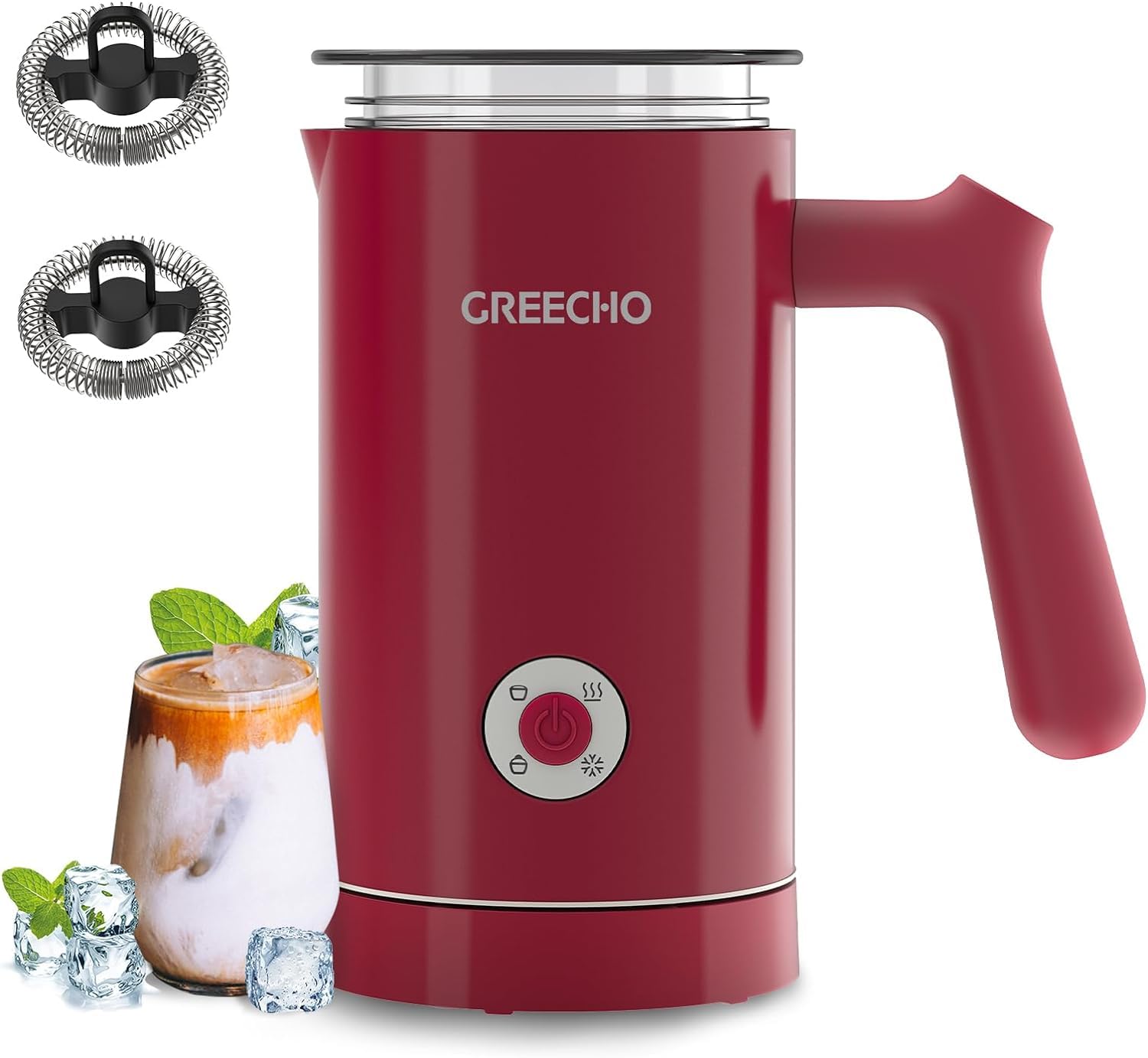 Milk Frother and Steamer, GREECHO 4 IN 1 Electric Milk Frother, 10.2oz/300ml Automatic Warm & Cold Milk Foamer for Coffee, Latte, Cappuccinos, Macchiato, Silent Operation & Automatic Shut-off (Red)