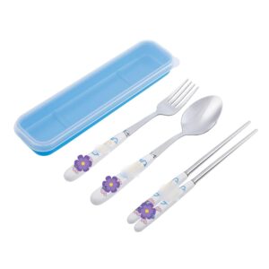 cneisejk cartoon stitch print portable utensils with case ohana stitch reusable flatware set chopsticks fork spoon set for travel picnic (stainless steel), middle, blue