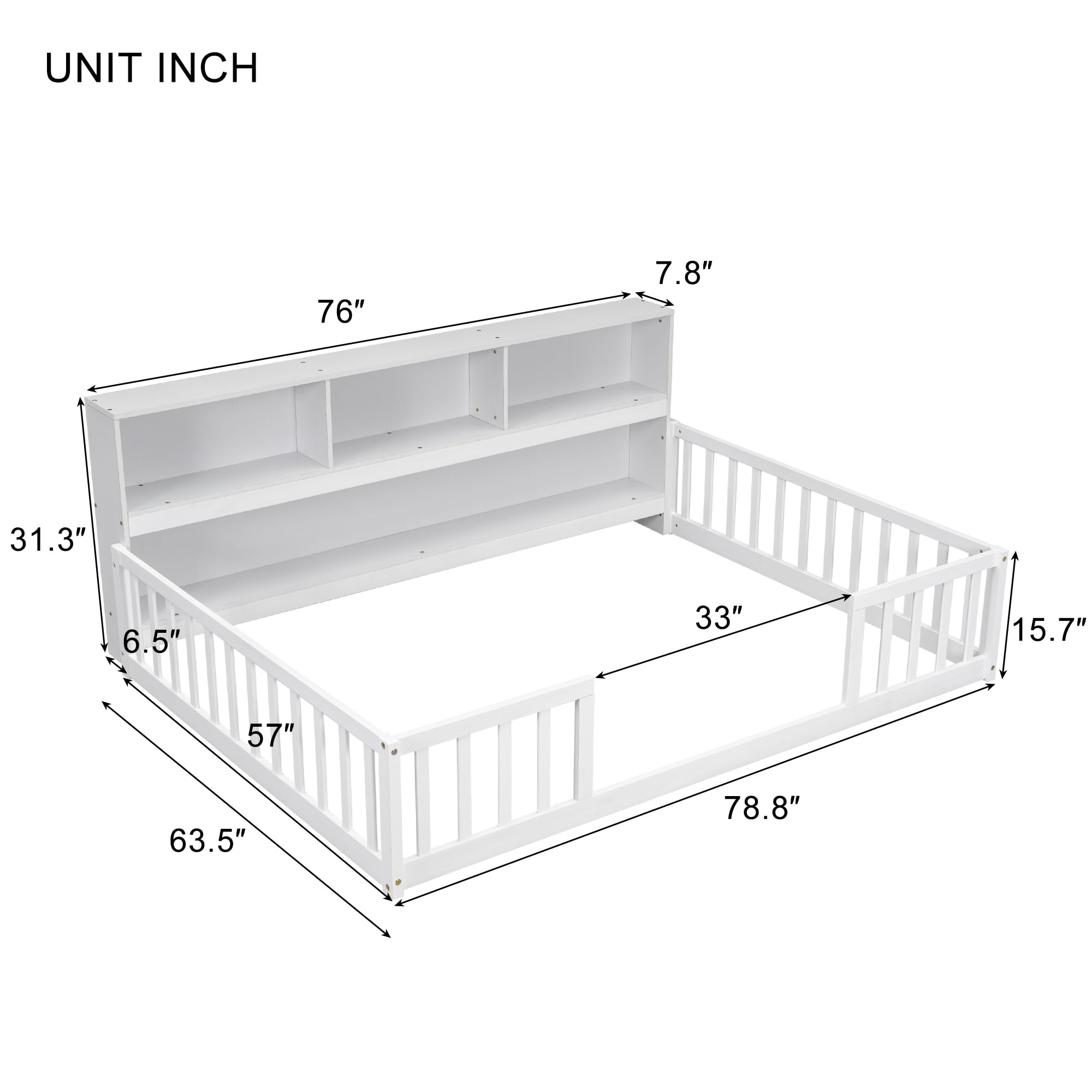 Floor Bed with Rails Full Size, Wood Montessori Floor Bed with Storage Bookcase, Kids Bed Frame with Fence and Shelves for Boys Girls, White