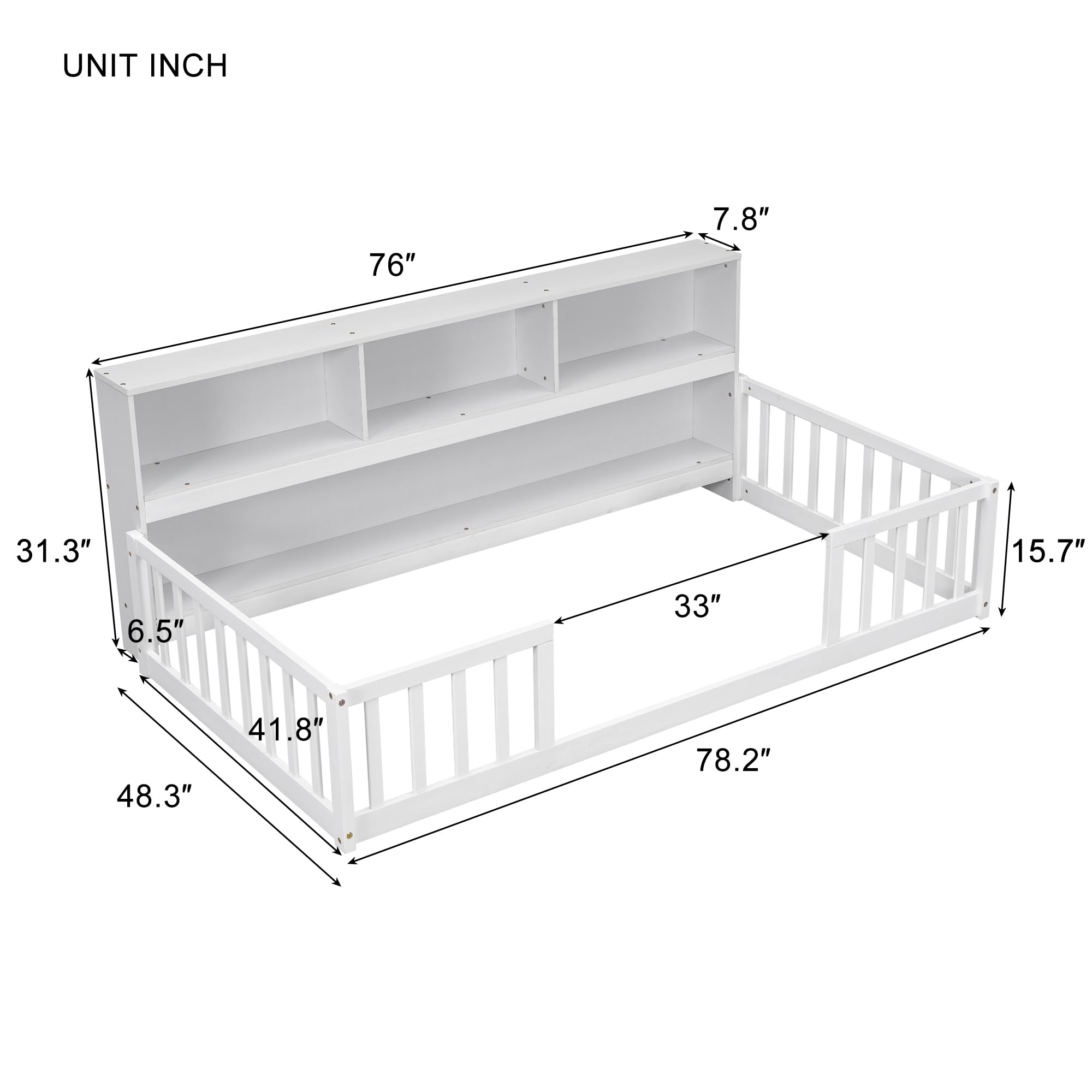 Twin Size Floor Bed with Bedside Bookcase and Shelves, Multifunctional Platform Bed with Guardrails, Wood Captain Bed with Storage Headboard, Low Floor Bed for Kids Teens (White * Twin,Guardrails)