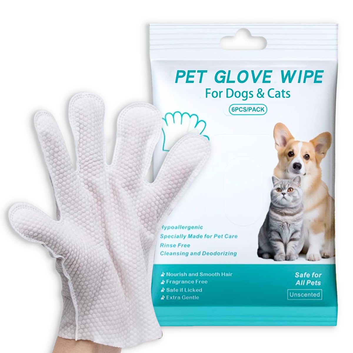 Dog and Cat Cleaning Gloves, Cleaning and Deodorizing Grooming Gloves, Dog and Cat Fur Face, Ears, Eyes, Paws Cleaner, Pet Grooming Wipes, Nourishing Fur, for Daily Care and Travel, No Rinse (6 Pcs)