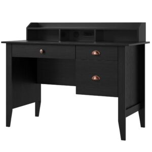 ttview computer desk with storage drawers & usb charging port, home office executive desk with hutch shelf and file drawer, writing study table with 47" wide tabletop for small spaces, black