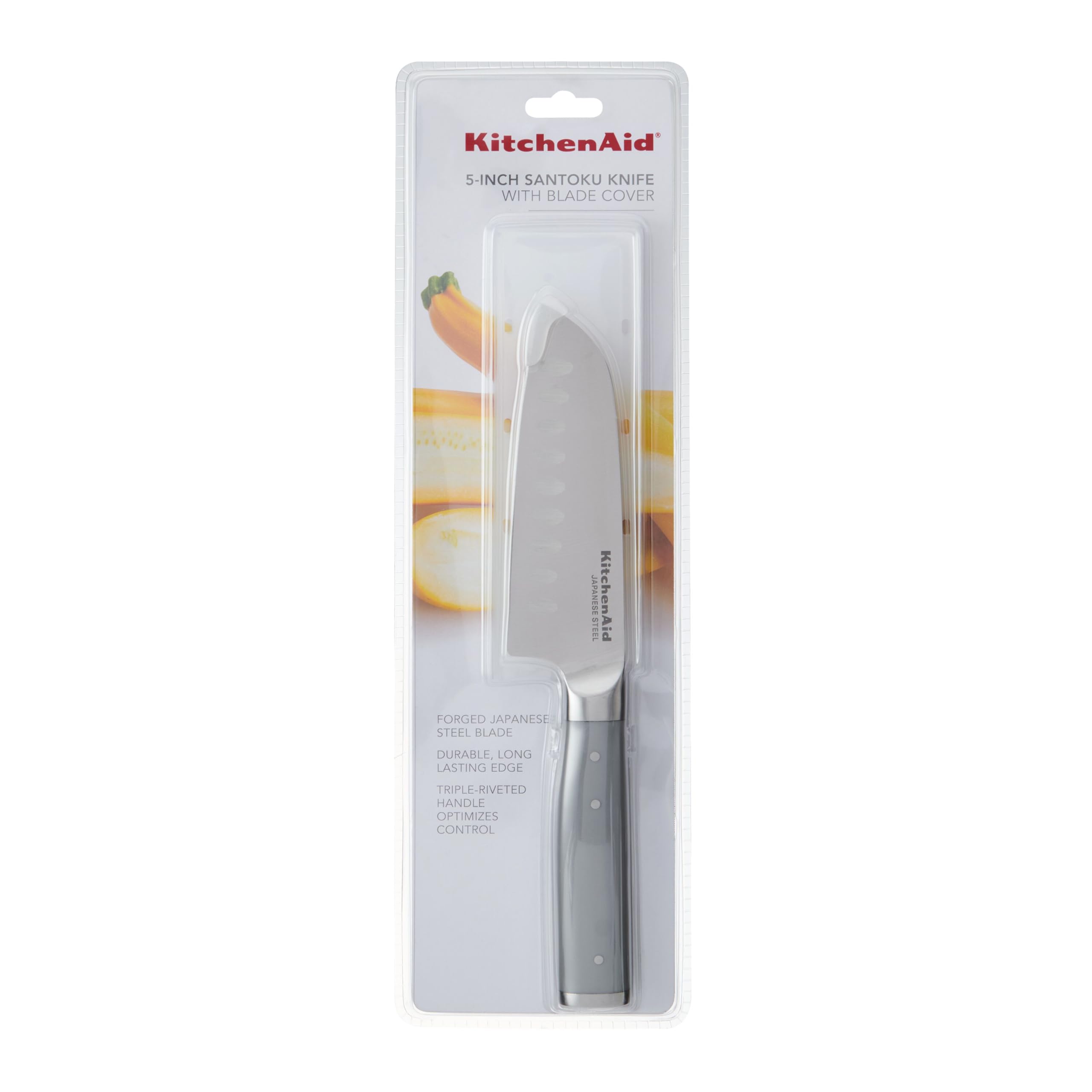 KitchenAid Gourmet Forged Santoku Custom-Fit Cover, Sharp Kitchen Knife, High-Carbon Japanese Stainless Steel Blade, 5 Inch, Gray