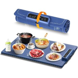 electric warming tray - full surface heating,rollable & portable - 3 temperature settings & fast heating，food warmer rolling silicone mat for gatherings,parties, buffet,everyday use (blue)